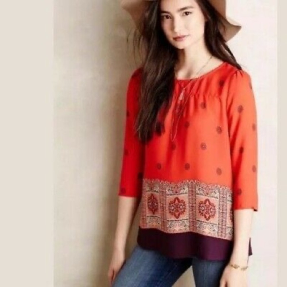 Anthropologie Maeve Rila Orange Border Top Size 6